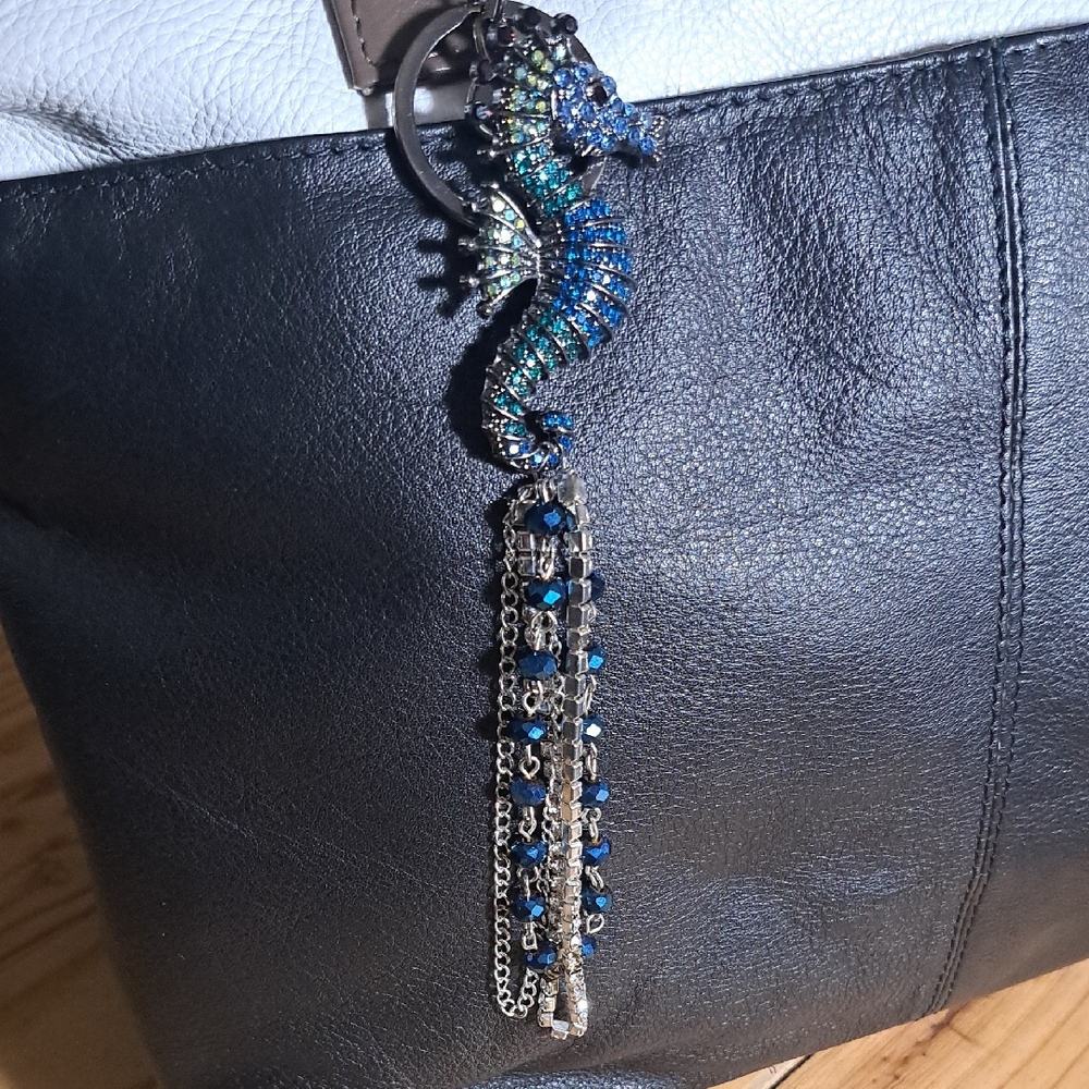 Hand Crafted Seahorse Crystal Tassel Bag Charm - Blue & Green Rhinestones